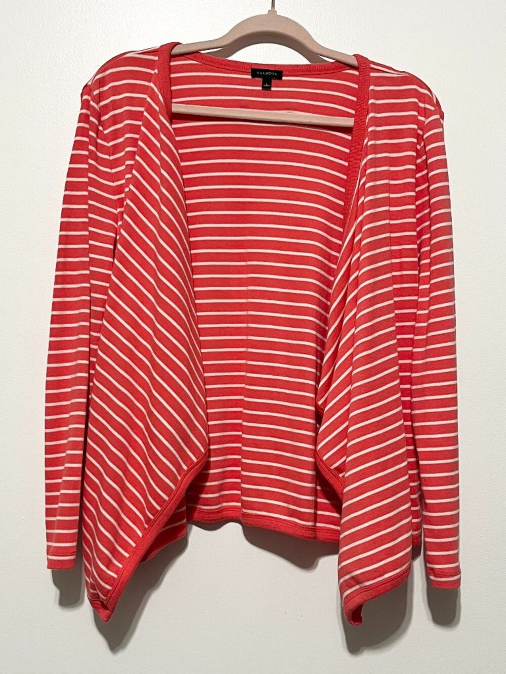 Talbots Womens Waterfall Open Cardigan L Coral Pink 100% CottonCoastal Nautical